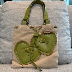 Yves Saint Laurent Vintage Tan Tote with Green Heart Accents